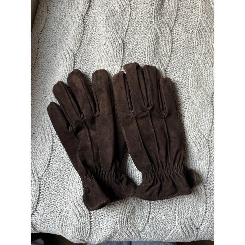 Womens Brown Suede Gloves Elastic Wrist Stitched Detail Fleece Lined Chocolate